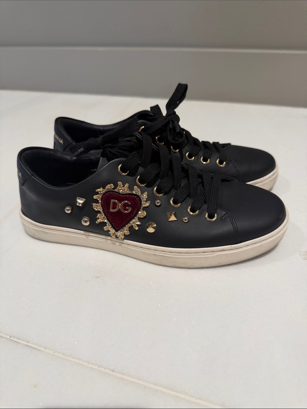 Dolce & Gabbana Black Sneakers with Gold Studs and Red Heart Patch